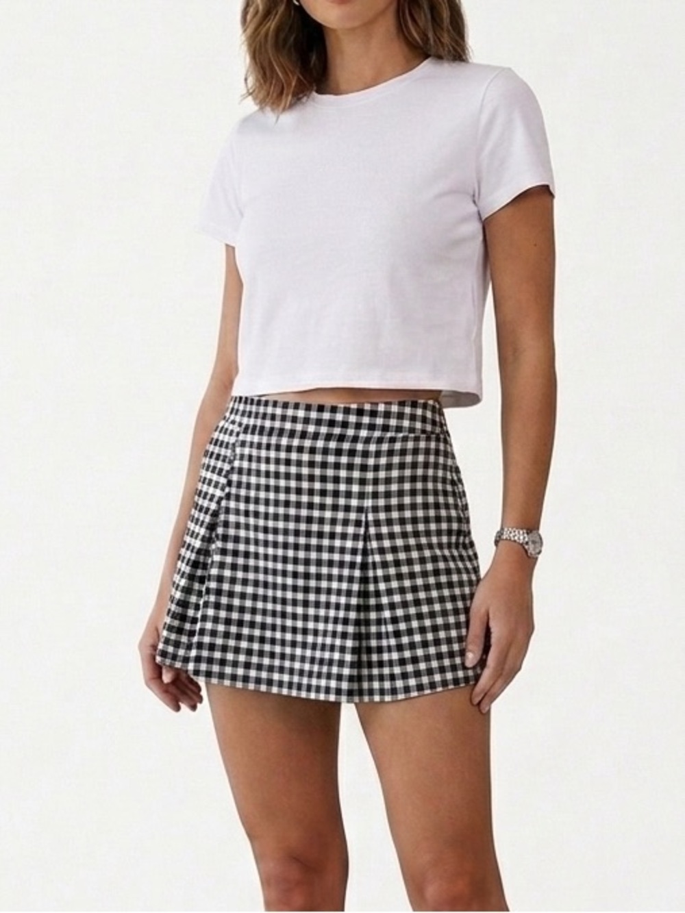 NWOT Black and white gingham plaid pleated skort with elastic waistband size S